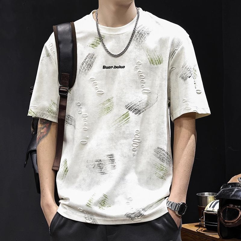 Ανδρική κοντομάνικη T‑shirt με βαρύ τζακάρντ και σχισμές, μόδας μάρκας, καλοκαίρι 2026, μεγάλου μεγέθους, κορυφαίας ποιότητας