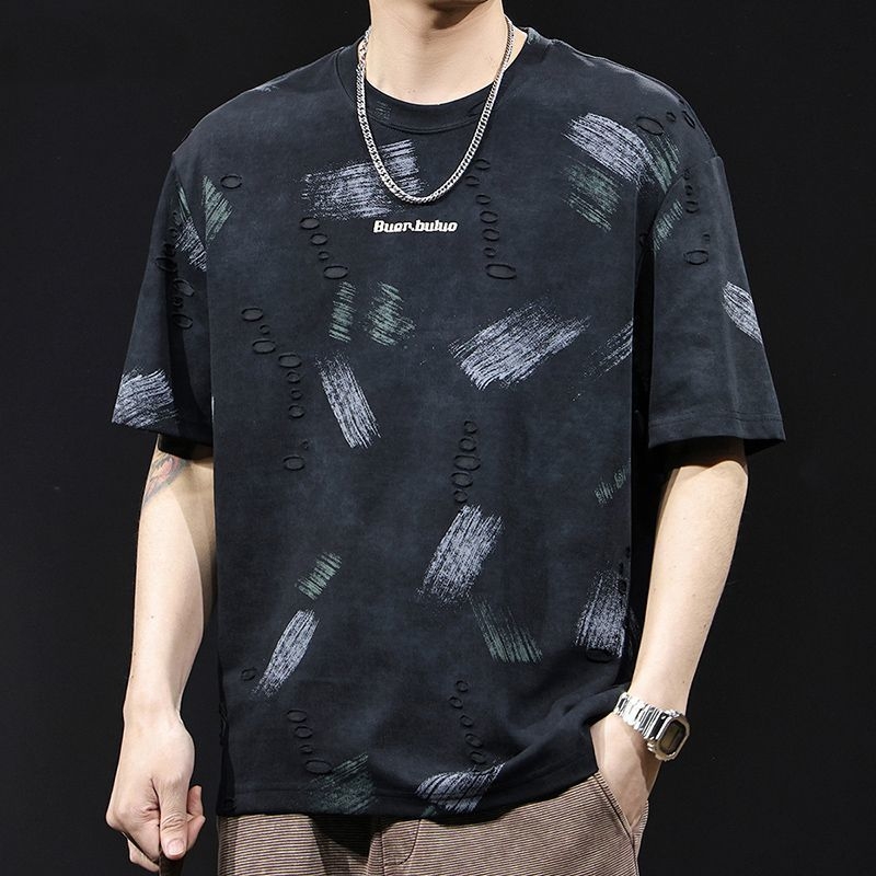 Ανδρική κοντομάνικη T‑shirt με βαρύ τζακάρντ και σχισμές, μόδας μάρκας, καλοκαίρι 2026, μεγάλου μεγέθους, κορυφαίας ποιότητας