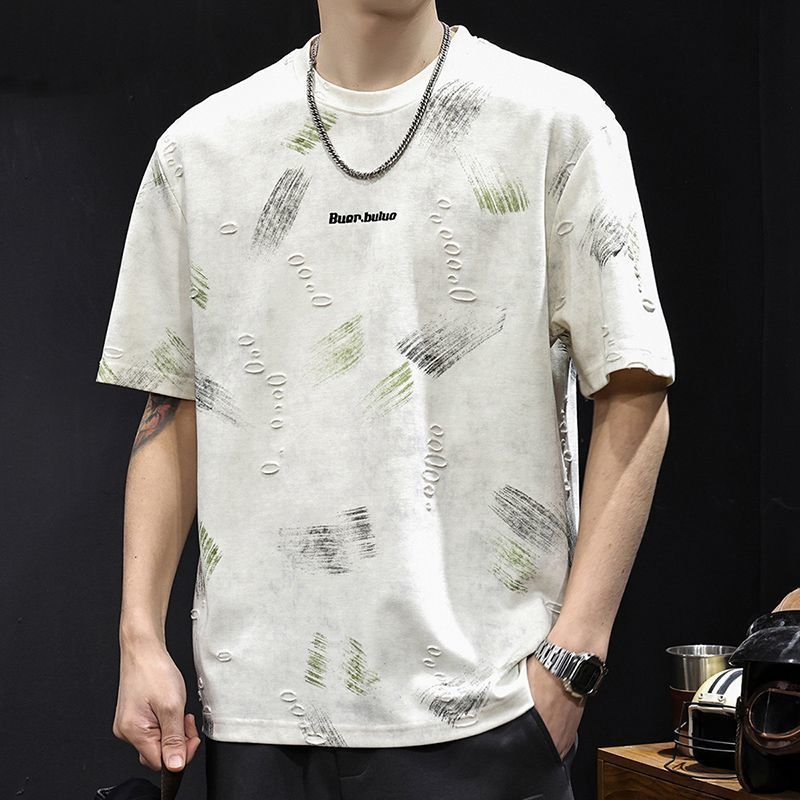 Ανδρική κοντομάνικη T‑shirt με βαρύ τζακάρντ και σχισμές, μόδας μάρκας, καλοκαίρι 2026, μεγάλου μεγέθους, κορυφαίας ποιότητας