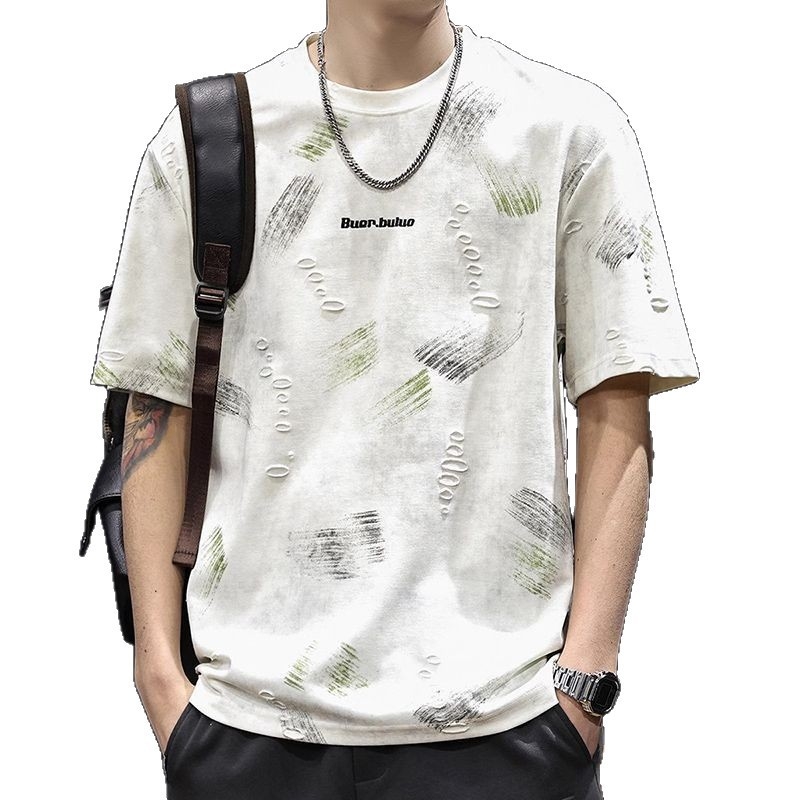 Ανδρική κοντομάνικη T‑shirt με βαρύ τζακάρντ και σχισμές, μόδας μάρκας, καλοκαίρι 2026, μεγάλου μεγέθους, κορυφαίας ποιότητας