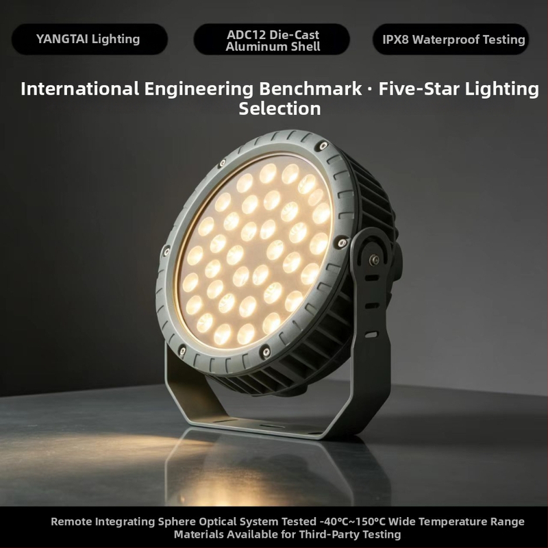 IP65 vodotesný LED reflektor pre dvory, stromy a krajinné osvetlenie, 24V, 18 LED, 3000K teplá biela, hliníkové puzdro, rozmery 180×230 mm, hmotnosť 2 kg, 50 000 hodín.