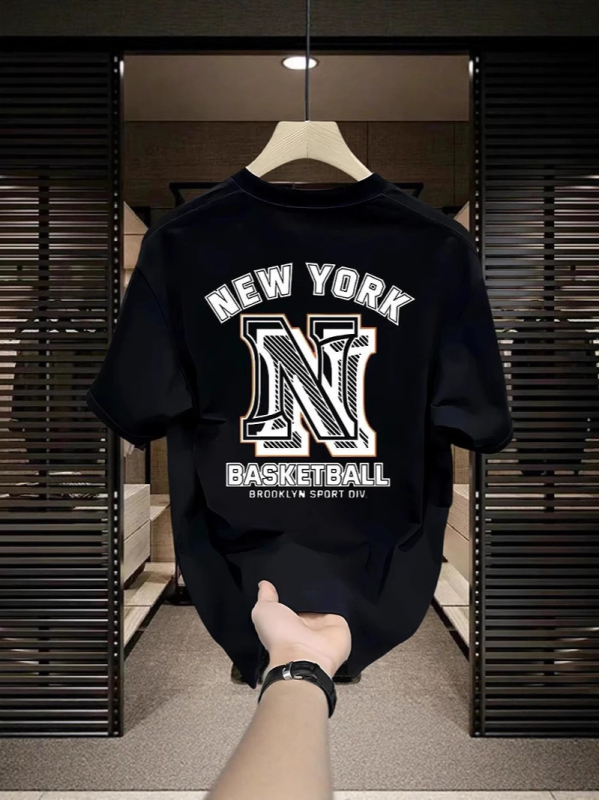 Ανδρική κοντομάνικη βαμβακερή T‑shirt μονόχρωμη για το καλοκαίρι, γεωμετρικό μοτίβο εκτύπωσης, ελαφρύ πολυτελές στυλ