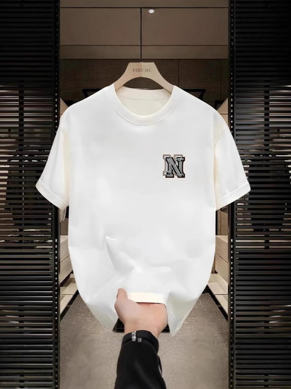Ανδρική κοντομάνικη βαμβακερή T‑shirt μονόχρωμη για το καλοκαίρι, γεωμετρικό μοτίβο εκτύπωσης, ελαφρύ πολυτελές στυλ