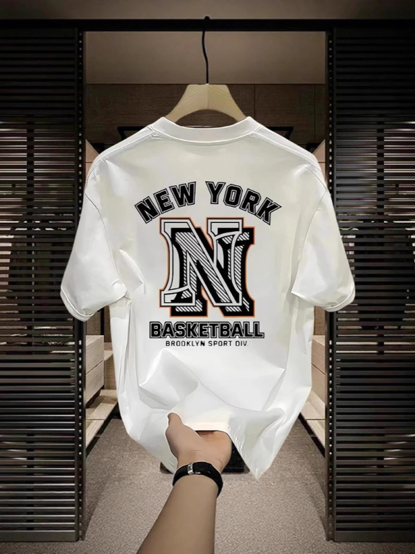 Ανδρική κοντομάνικη βαμβακερή T‑shirt μονόχρωμη για το καλοκαίρι, γεωμετρικό μοτίβο εκτύπωσης, ελαφρύ πολυτελές στυλ