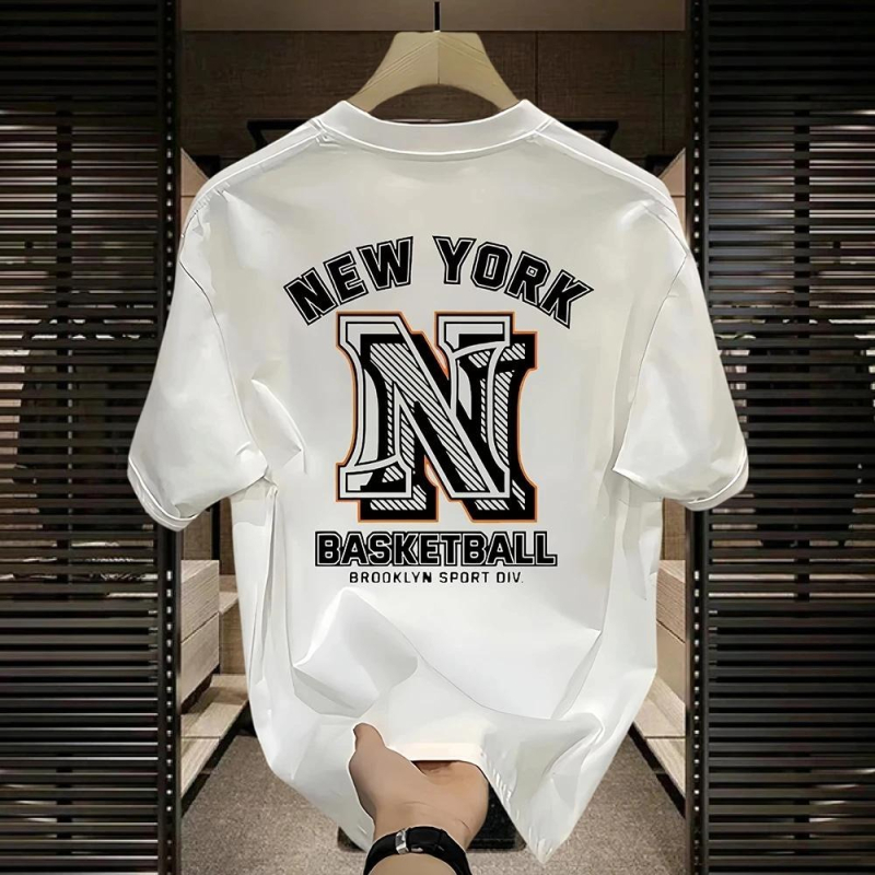 Ανδρική κοντομάνικη βαμβακερή T‑shirt μονόχρωμη για το καλοκαίρι, γεωμετρικό μοτίβο εκτύπωσης, ελαφρύ πολυτελές στυλ