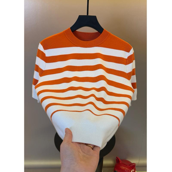 Ανδρικό κοντομάνικο T‑shirt πλεγμένο jacquard με ρίγες, καλοκαίρι, ελαφριά πολυτέλεια, υψηλή ποιότητα