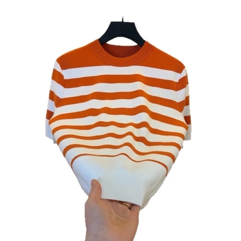 Ανδρικό κοντομάνικο T‑shirt πλεγμένο jacquard με ρίγες, καλοκαίρι, ελαφριά πολυτέλεια, υψηλή ποιότητα