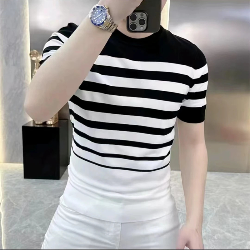 Ανδρικό κοντομάνικο T‑shirt πλεγμένο jacquard με ρίγες, καλοκαίρι, ελαφριά πολυτέλεια, υψηλή ποιότητα