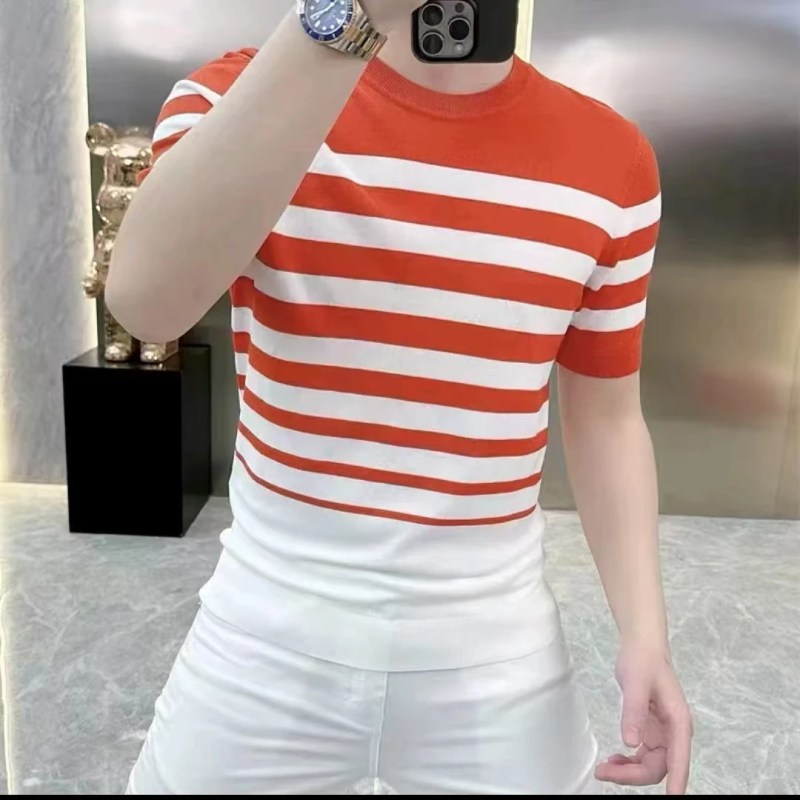 Ανδρικό κοντομάνικο T‑shirt πλεγμένο jacquard με ρίγες, καλοκαίρι, ελαφριά πολυτέλεια, υψηλή ποιότητα
