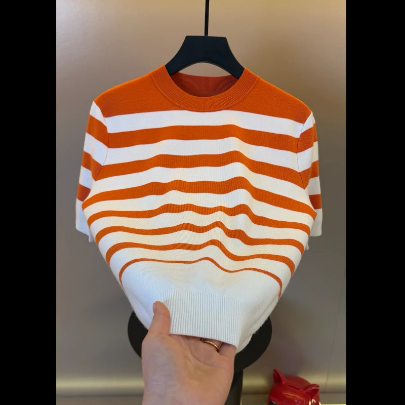 Ανδρικό κοντομάνικο T‑shirt πλεγμένο jacquard με ρίγες, καλοκαίρι, ελαφριά πολυτέλεια, υψηλή ποιότητα