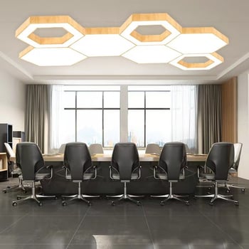 LED εξάγωνη λάμπα με σχέδιο κυψέλης και κυκλικό φινίρισμα ξύλου — κρεμαστό φωτιστικό για νηπιαγωγείο, αίθουσα χορού και γιόγκα, τραπεζαρία