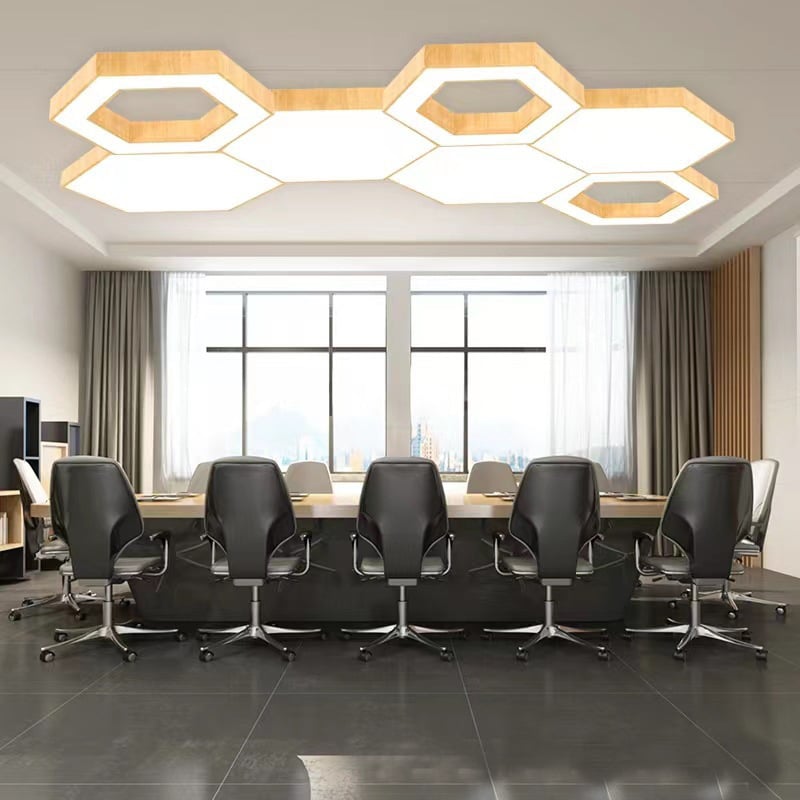 LED εξάγωνη λάμπα με σχέδιο κυψέλης και κυκλικό φινίρισμα ξύλου — κρεμαστό φωτιστικό για νηπιαγωγείο, αίθουσα χορού και γιόγκα, τραπεζαρία