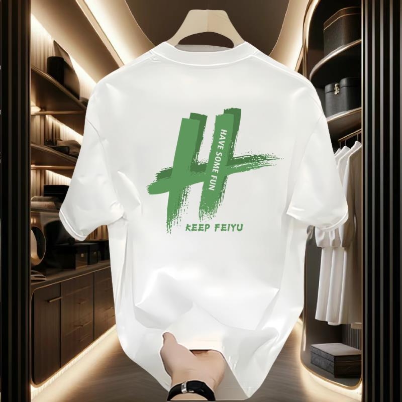 Ανδρικό T-shirt με στρογγυλή λαιμόκοψη, κοντά μανίκια, φαρδιά γραμμή, βαμβάκι, εκτύπωση κινεζικής κουλτούρας