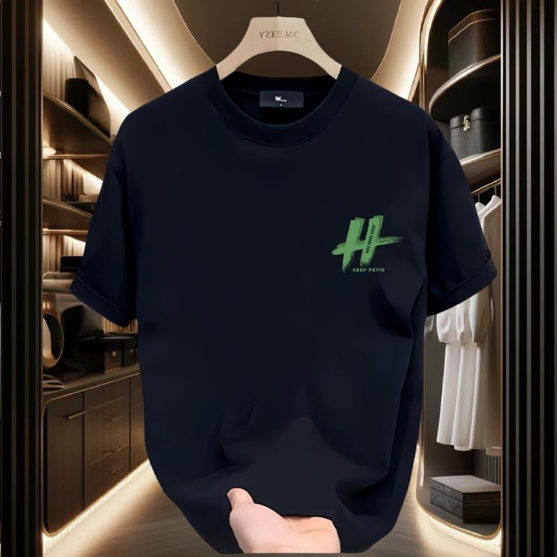 Ανδρικό T-shirt με στρογγυλή λαιμόκοψη, κοντά μανίκια, φαρδιά γραμμή, βαμβάκι, εκτύπωση κινεζικής κουλτούρας