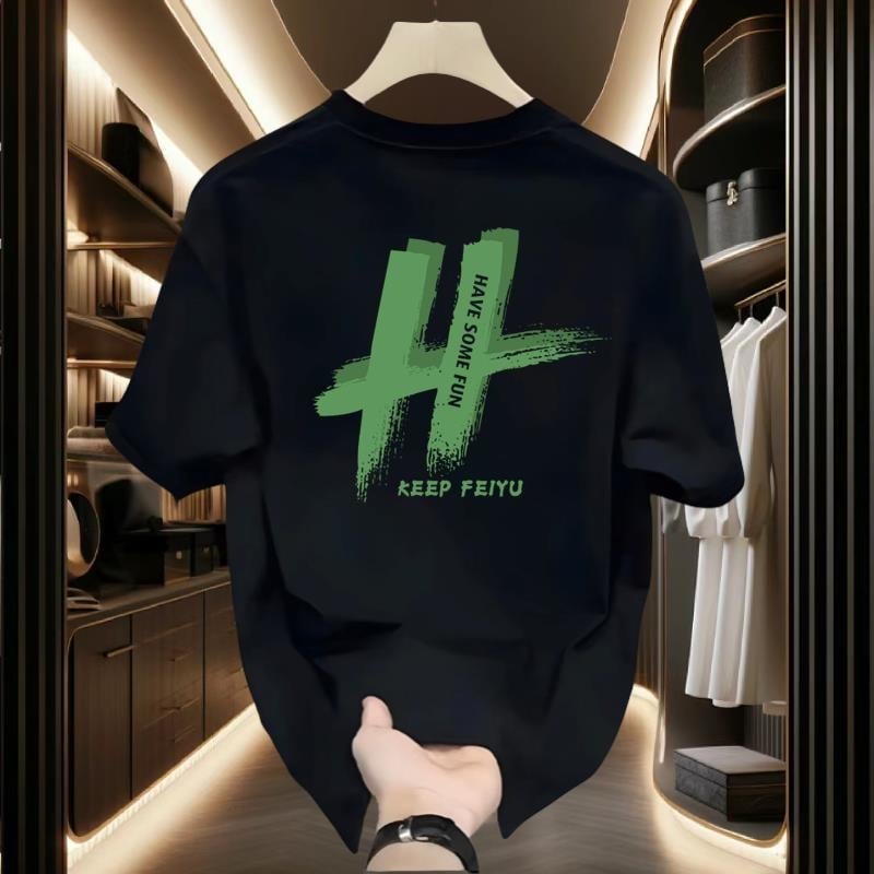Ανδρικό T-shirt με στρογγυλή λαιμόκοψη, κοντά μανίκια, φαρδιά γραμμή, βαμβάκι, εκτύπωση κινεζικής κουλτούρας