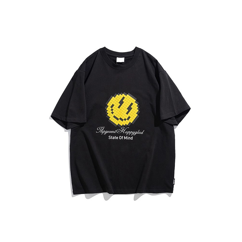 Ανδρικό κοντομάνικο T-shirt με εκτύπωση χαμογελαστού προσώπου, σε μεγάλο μέγεθος, βαμβάκι, στρογγυλός λαιμός, φαρδιά γραμμή, καλοκαίρι