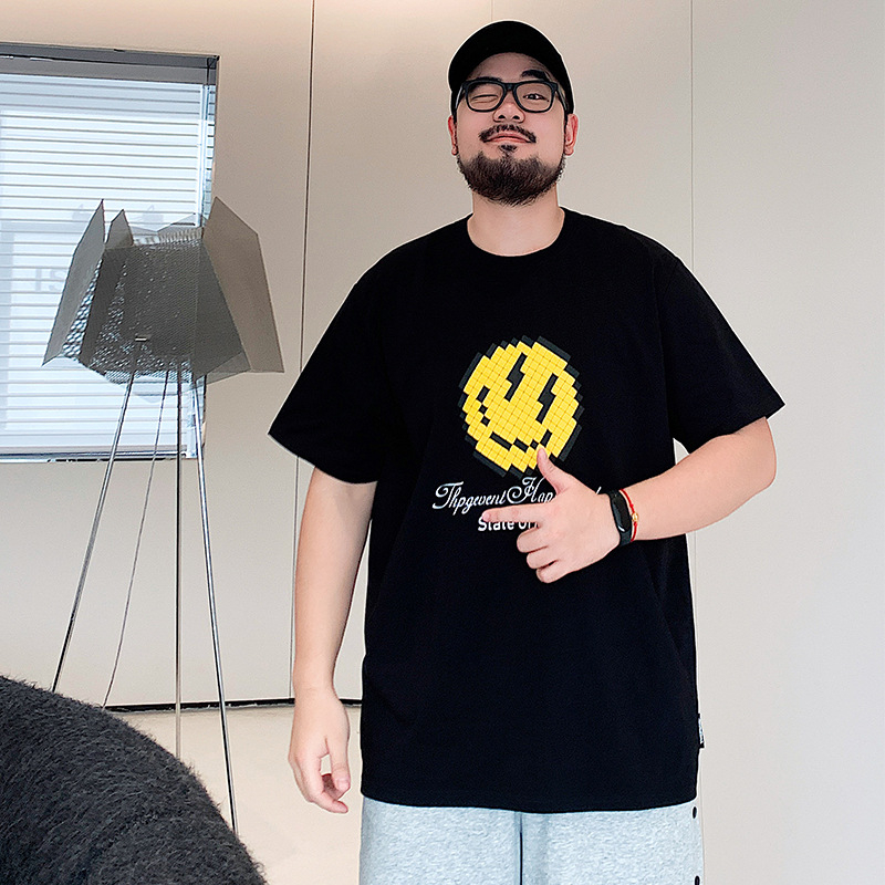 Ανδρικό κοντομάνικο T-shirt με εκτύπωση χαμογελαστού προσώπου, σε μεγάλο μέγεθος, βαμβάκι, στρογγυλός λαιμός, φαρδιά γραμμή, καλοκαίρι