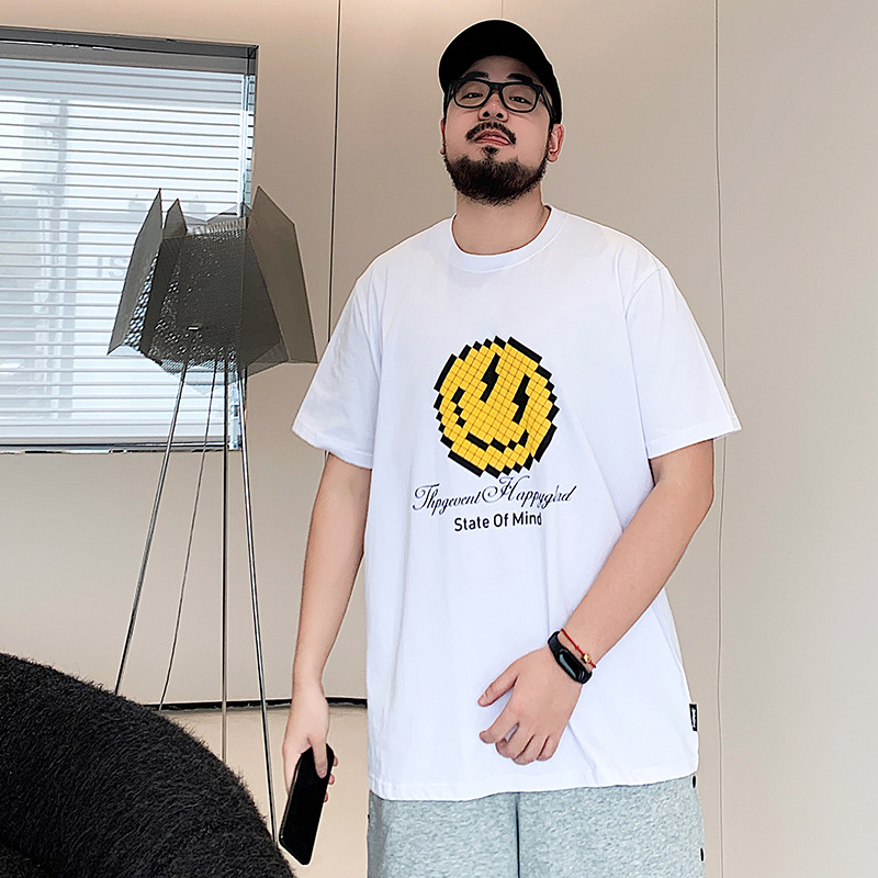 Ανδρικό κοντομάνικο T-shirt με εκτύπωση χαμογελαστού προσώπου, σε μεγάλο μέγεθος, βαμβάκι, στρογγυλός λαιμός, φαρδιά γραμμή, καλοκαίρι