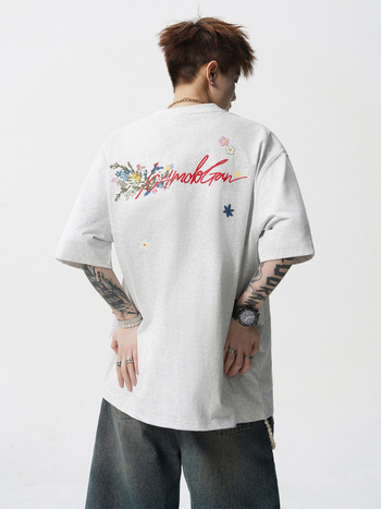 Ανδρική κοντομάνικη T‑shirt από βαμβάκι με κέντημα λουλουδιών, χαλαρή γραμμή, αναπνεύσιμο καλοκαιρινό τοπ