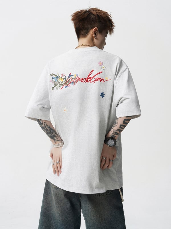 Ανδρική κοντομάνικη T‑shirt από βαμβάκι με κέντημα λουλουδιών, χαλαρή γραμμή, αναπνεύσιμο καλοκαιρινό τοπ