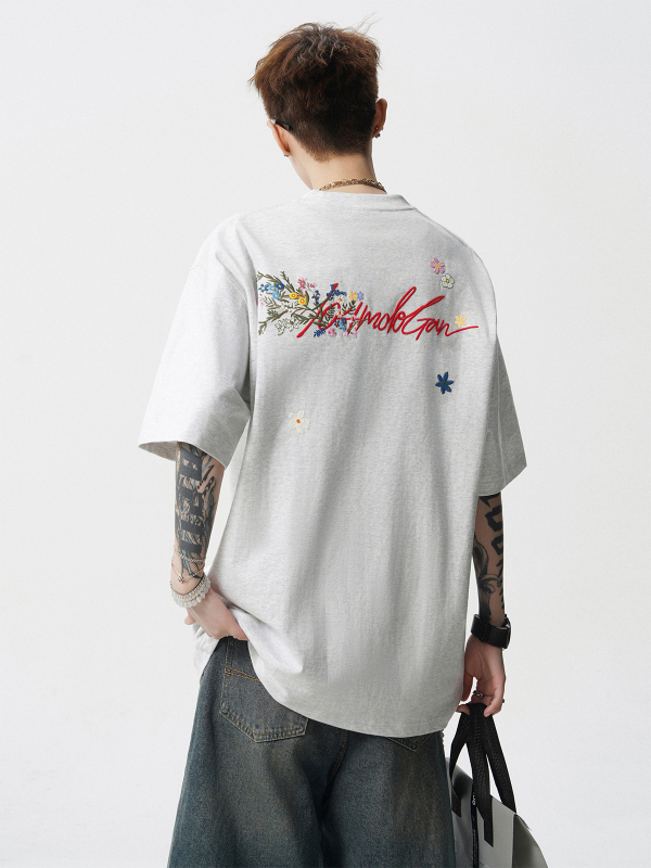 Ανδρική κοντομάνικη T‑shirt από βαμβάκι με κέντημα λουλουδιών, χαλαρή γραμμή, αναπνεύσιμο καλοκαιρινό τοπ