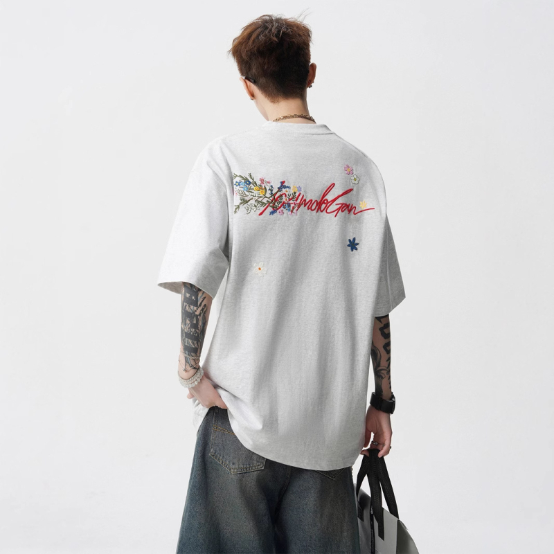 Ανδρική κοντομάνικη T‑shirt από βαμβάκι με κέντημα λουλουδιών, χαλαρή γραμμή, αναπνεύσιμο καλοκαιρινό τοπ