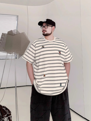 Ανδρικό T‑shirt κοντό μανίκι σε μεγάλες διαστάσεις, ριγέ, χαλαρή εφαρμογή, στρογγυλός λαιμός, βαμβακερό μείγμα, αναπνοή, αντιβακτηριακή δροσιά, καλοκαίρι