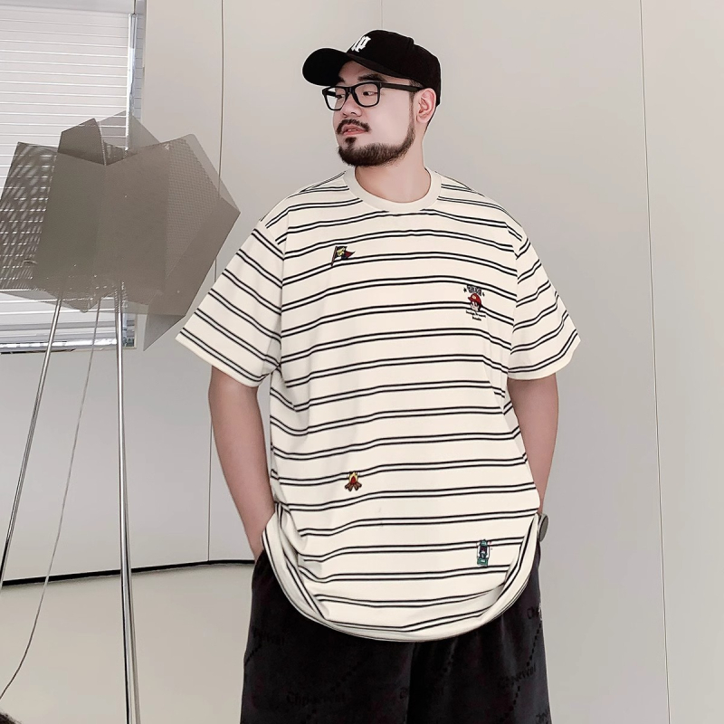 Ανδρικό T‑shirt κοντό μανίκι σε μεγάλες διαστάσεις, ριγέ, χαλαρή εφαρμογή, στρογγυλός λαιμός, βαμβακερό μείγμα, αναπνοή, αντιβακτηριακή δροσιά, καλοκαίρι