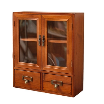 Zakka drevený vitrínový kabinet s dvojitými dverami, vintage štýl, tri úrovne, japonský štýl