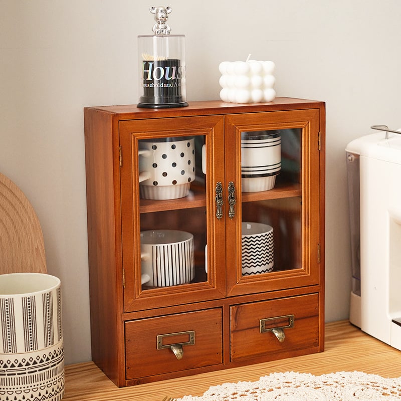 Zakka drevený vitrínový kabinet s dvojitými dverami, vintage štýl, tri úrovne, japonský štýl