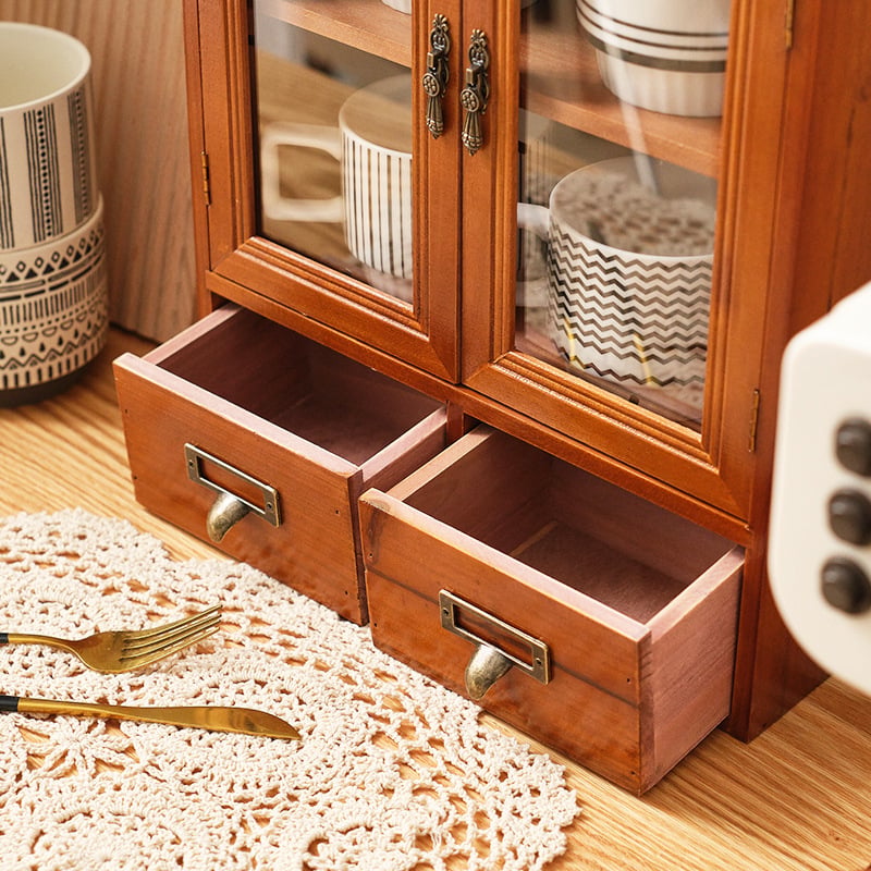 Zakka drevený vitrínový kabinet s dvojitými dverami, vintage štýl, tri úrovne, japonský štýl