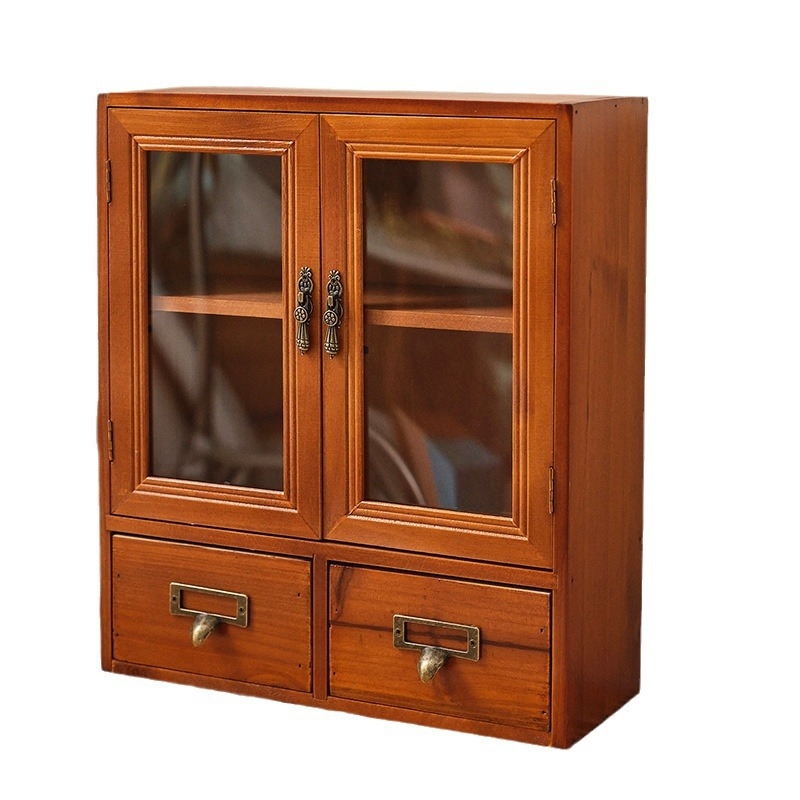 Zakka drevený vitrínový kabinet s dvojitými dverami, vintage štýl, tri úrovne, japonský štýl