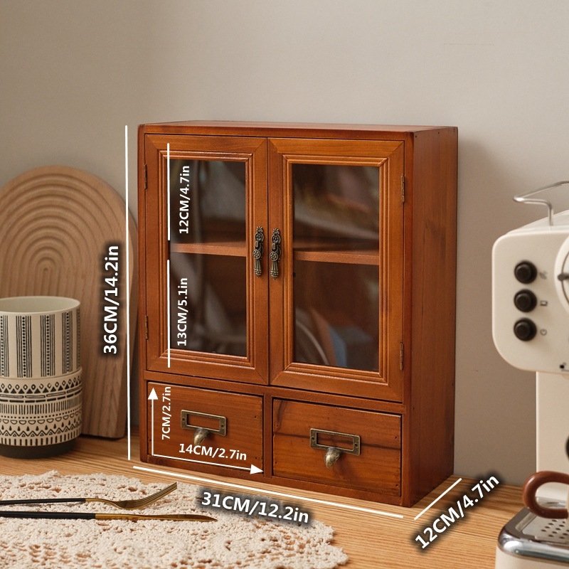 Zakka drevený vitrínový kabinet s dvojitými dverami, vintage štýl, tri úrovne, japonský štýl