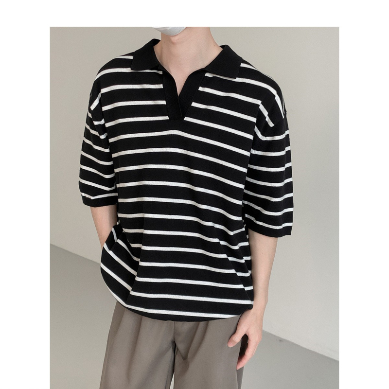 Ανδρικό πόλο T‑shirt με ρίγες, πλεκτό ύφασμα από πολυεστέρα, χαλαρή γραμμή, κορεατικό στυλ, καλοκαίρι 2024