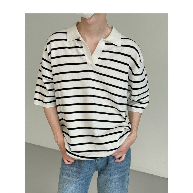 Ανδρικό πόλο T‑shirt με ρίγες, πλεκτό ύφασμα από πολυεστέρα, χαλαρή γραμμή, κορεατικό στυλ, καλοκαίρι 2024
