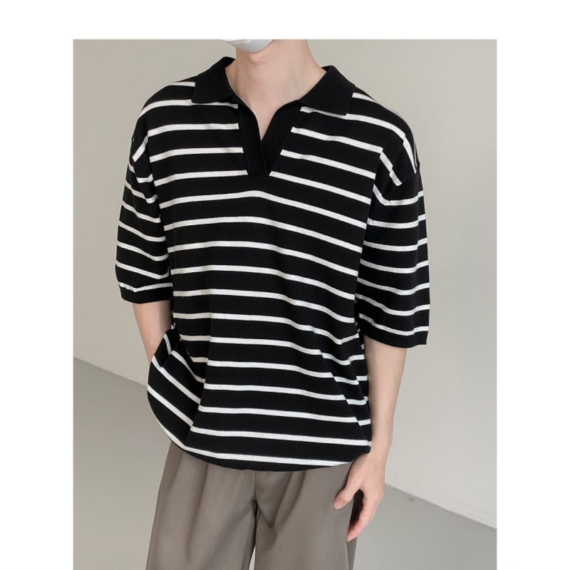 Ανδρικό πόλο T‑shirt με ρίγες, πλεκτό ύφασμα από πολυεστέρα, χαλαρή γραμμή, κορεατικό στυλ, καλοκαίρι 2024