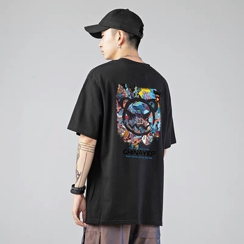 Ανδρικό κοντομάνικο T-shirt από 100% βαμβάκι, στυλ Χονγκ Κονγκ, φαρδιά γραμμή, τύπωμα διαβόλου