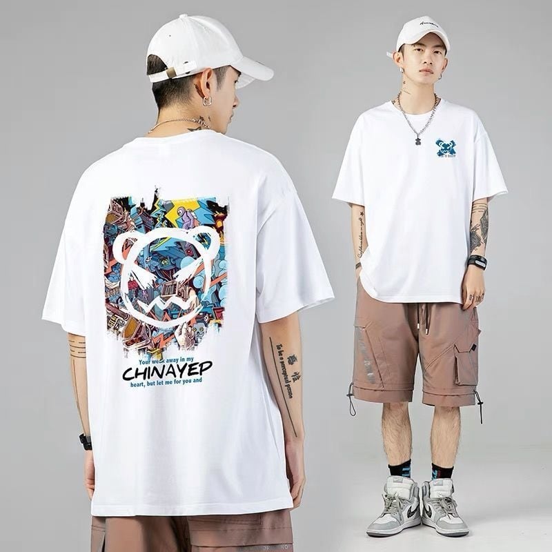 Ανδρικό κοντομάνικο T-shirt από 100% βαμβάκι, στυλ Χονγκ Κονγκ, φαρδιά γραμμή, τύπωμα διαβόλου