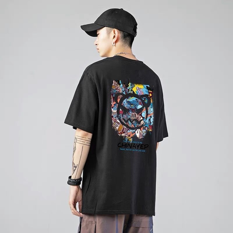 Ανδρικό κοντομάνικο T-shirt από 100% βαμβάκι, στυλ Χονγκ Κονγκ, φαρδιά γραμμή, τύπωμα διαβόλου