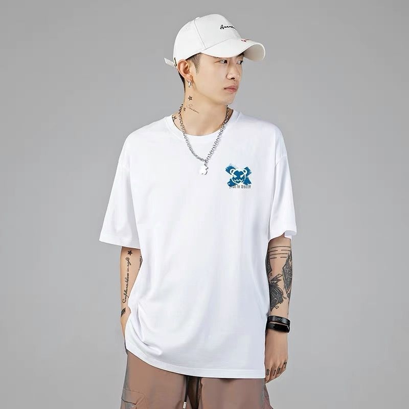 Ανδρικό κοντομάνικο T-shirt από 100% βαμβάκι, στυλ Χονγκ Κονγκ, φαρδιά γραμμή, τύπωμα διαβόλου
