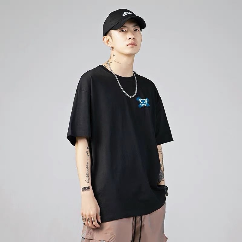 Ανδρικό κοντομάνικο T-shirt από 100% βαμβάκι, στυλ Χονγκ Κονγκ, φαρδιά γραμμή, τύπωμα διαβόλου