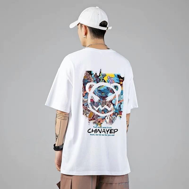 Ανδρικό κοντομάνικο T-shirt από 100% βαμβάκι, στυλ Χονγκ Κονγκ, φαρδιά γραμμή, τύπωμα διαβόλου