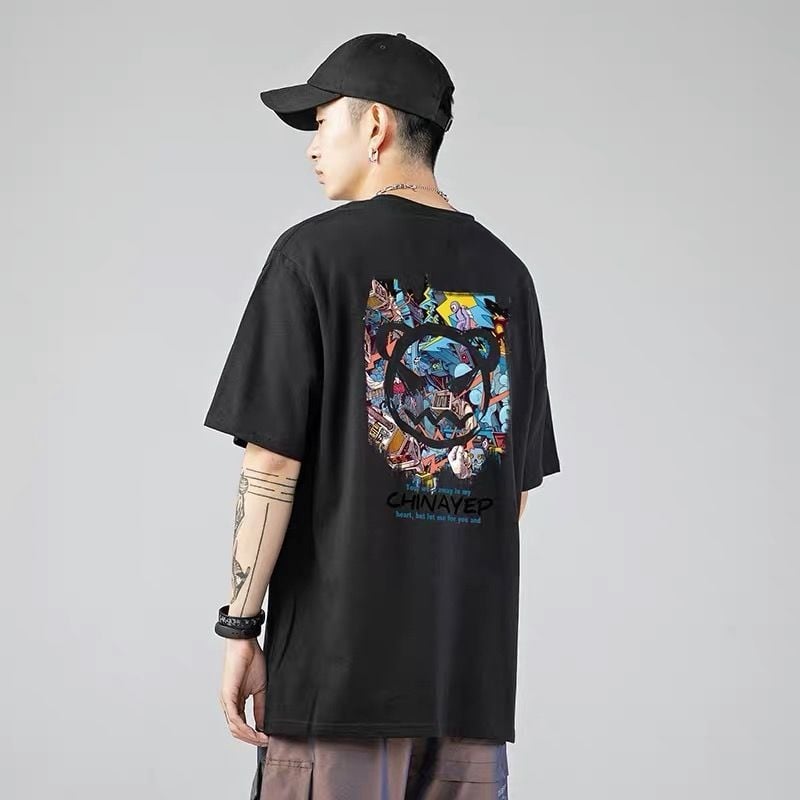 Ανδρικό κοντομάνικο T-shirt από 100% βαμβάκι, στυλ Χονγκ Κονγκ, φαρδιά γραμμή, τύπωμα διαβόλου