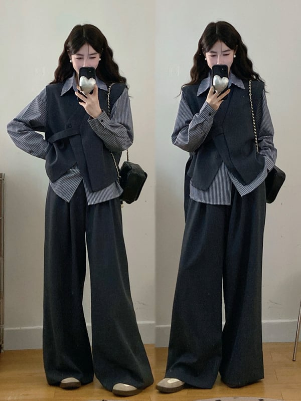 Γυναικείο σετ τριών τεμαχίων Plus-Size, κορεατικού στυλ: γιλέκο με ζώνη στη μέση, ριγέ πουκάμισο και παντελόνια με φαρδιά γραμμή