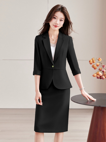 Άσπρο σετ γυναικείου κοστουμιού με φούστα, 3/4 μανίκι, άνοιξη-καλοκαίρι, ελαφρύ και κομψό επαγγελματικό ένδυμα για συμβούλους αισθητικής