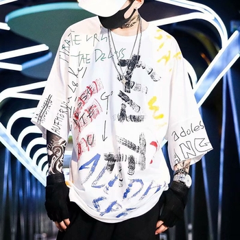 Καλοκαιρινή ελαφριά T-shirt με γκράφιτι streetwear για άνδρες, κοντό μανίκι, άνετη γραμμή, στρογγυλός λαιμός, γεωμετρικό τύπωμα