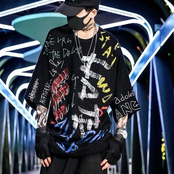 Καλοκαιρινή ελαφριά T-shirt με γκράφιτι streetwear για άνδρες, κοντό μανίκι, άνετη γραμμή, στρογγυλός λαιμός, γεωμετρικό τύπωμα