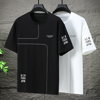 Ανδρικό T‑shirt κοντών μανικιών για μεγάλα μεγέθη, στρογγυλός λαιμός, καλοκαιρινή άνετη εφαρμογή, διαπνέουσα βαμβακερή μίξη με γεωμετρικό μοτίβο σε ρίγες