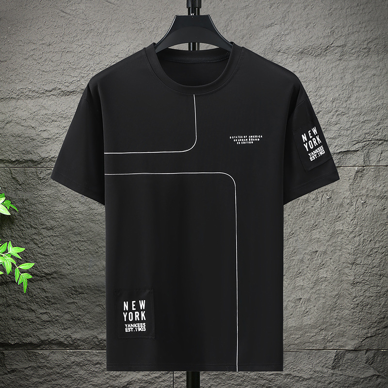 Ανδρικό T‑shirt κοντών μανικιών για μεγάλα μεγέθη, στρογγυλός λαιμός, καλοκαιρινή άνετη εφαρμογή, διαπνέουσα βαμβακερή μίξη με γεωμετρικό μοτίβο σε ρίγες