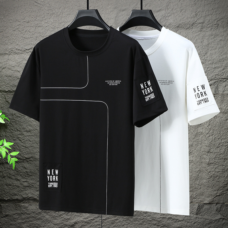 Ανδρικό T‑shirt κοντών μανικιών για μεγάλα μεγέθη, στρογγυλός λαιμός, καλοκαιρινή άνετη εφαρμογή, διαπνέουσα βαμβακερή μίξη με γεωμετρικό μοτίβο σε ρίγες